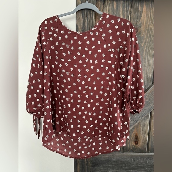 Papermoon Maroon Floral Blouse Round Neck 3/4 Tie Sleeve Small - Picture 1 of 3